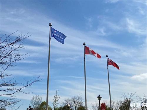 '圖2～3：一面面印有「世界法輪大法日（FALUN DAFA DAY）真善忍（Truthfulness， Compassion，Tolerance）」的旗幟相繼在加拿大的十個城市升起'