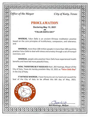 '圖3：德克薩斯州凱蒂市長宣布「法輪大法日」'