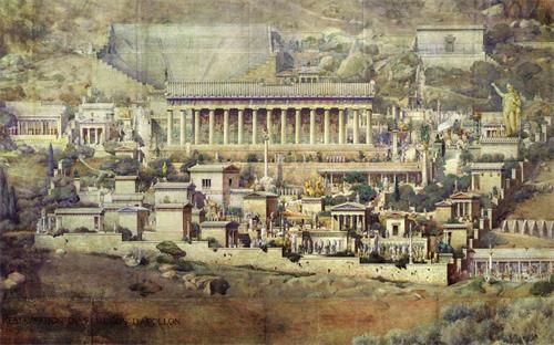 圖： 法國建築師圖爾奈爾（ Joseph Albert Tournaire）根據德爾斐（Delphi）的阿波羅神廟遺址所作的復原圖，繪於1894年 。（網絡圖片）