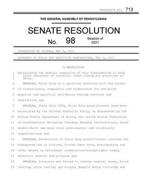 '圖1：美國賓州州參議院第98號決議案首頁'