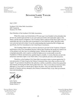 '圖3：州參議員蘭尼﹒泰勒（Larry　Taylor）支持信'