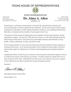'圖4：德州眾議院第131區州眾議員阿爾瑪﹒艾倫博士（Alma Allen）支持信'
