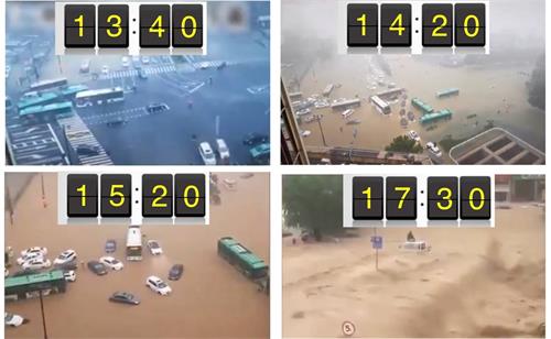 圖1：2021年7月20日，鄭州市民實拍的洪水發展，水位在半個多小時內突然暴漲，水流湍急。