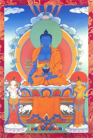 圖例： 居中盤坐的藥師佛和左右站立的兩位菩薩。藥師佛全稱「藥師琉璃光王如來」，佛教中認為，青金石藍色是藥師佛的身色。