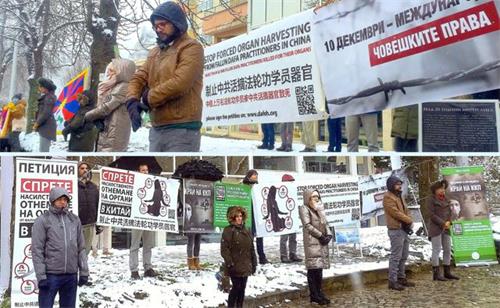 '圖5：法輪功學員在首都索菲亞（Sofia）中使館前和平抗議，呼籲制止迫害。'