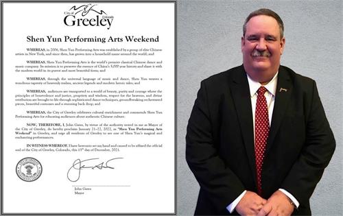 '圖9：神韻藝術團抵達科羅拉多州格裏利市，市長約翰‧蓋茨（John Gates）在演出前夕，宣布神韻演出期間的週末為「神韻藝術週末」。（大紀元）'