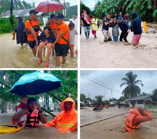 圖1：二零二二年十月二十八日開始，菲律賓南部遭致命熱帶風暴尼格（Nalgae）襲擊。圖為救援人員在洪水中疏散民眾。（明慧網合成）