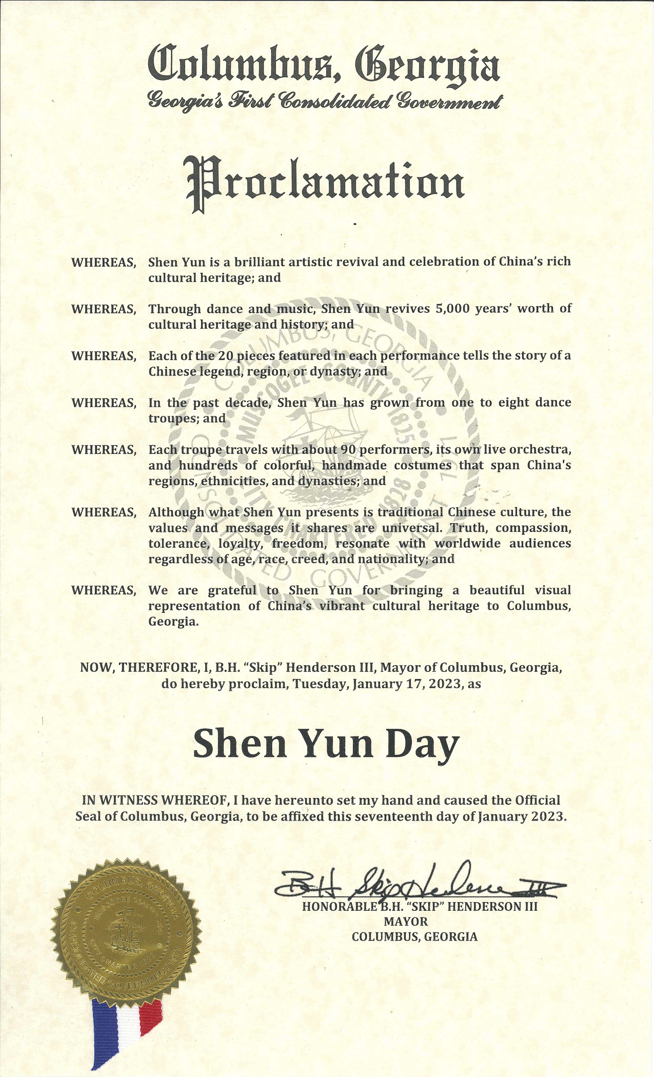 圖7：喬治亞州哥倫布市長亨德森（B.H. Henderson）頒發給神韻的褒獎，將神韻在該市的演出日，二零二三年一月十七日，定為「神韻日」。