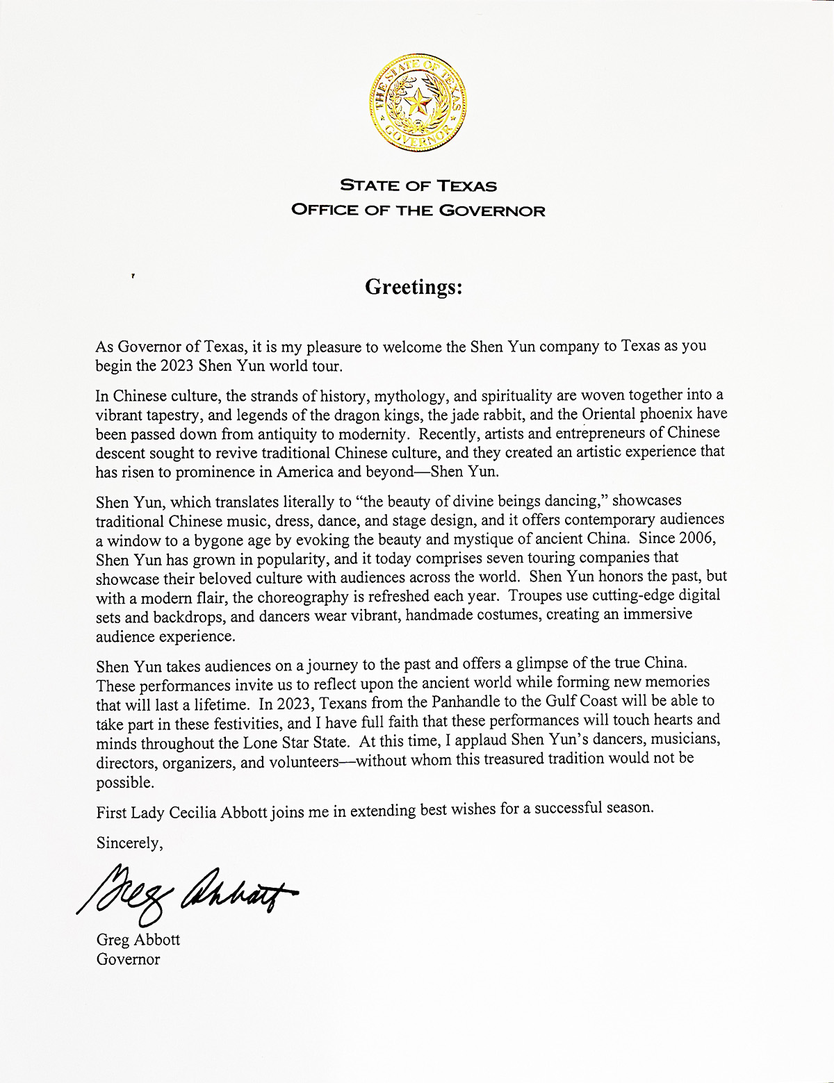 圖9：德州州長阿博特（Greg Abbott）賀信（大紀元）。