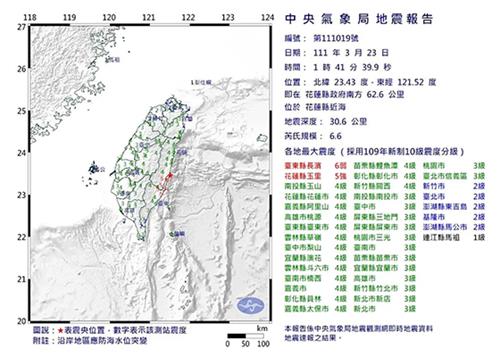 圖1：二零二二年三月二十三日，台灣花蓮縣近海凌晨一時四十一分發生芮氏規模6.6地震，最大震度台東縣6弱（超過6級）。（圖片來源：中央氣象局）
