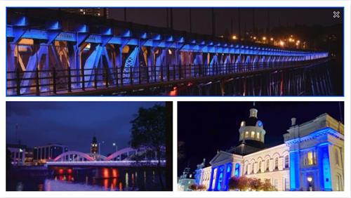 圖3：二零二二年加拿大還有市鎮持續用在標誌性建築物上亮燈來慶祝世界法輪大法日。圖為二零二一年的亮燈儀式。