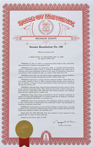 圖2：密西根州參議院通過第126號決議案，宣布二零二二年五月十三日是「法輪大法日」。