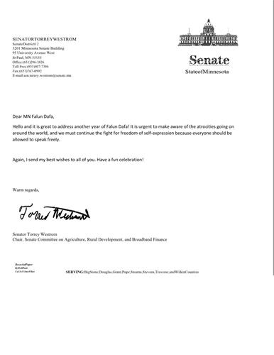 '圖1：美國明尼蘇達州第十二區州參議員托雷﹒韋斯特羅姆的賀信'