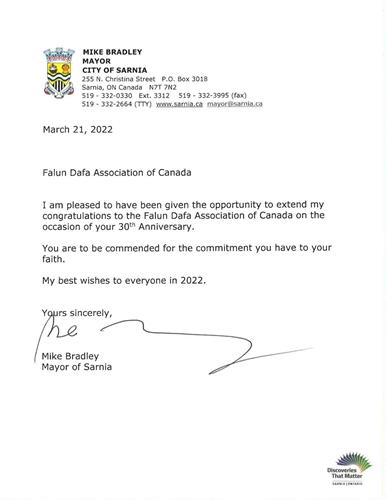ཊ：薩尼亞市長邁克﹒布拉德利（Michael Bradley）的賀信'
