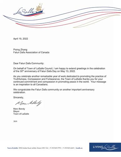 '圖6：拉薩爾市長馬克﹒邦迪 （Marc Bondy）的賀信'