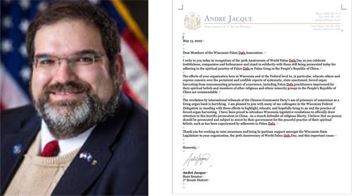 圖10：威州參議員安德烈﹒雅克（André Jacque）發來了紀念法輪大法弘傳30週年的祝賀信。