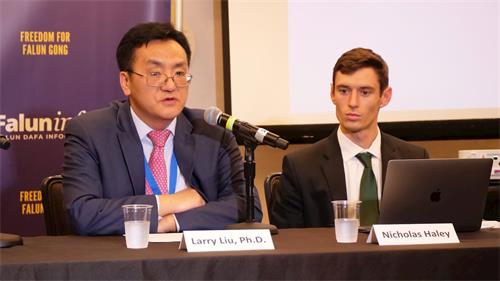 '圖7：拉裏﹒劉（Larry Liu）博士在研討會上講述了法輪功在中國廣受民眾歡迎的盛況。'