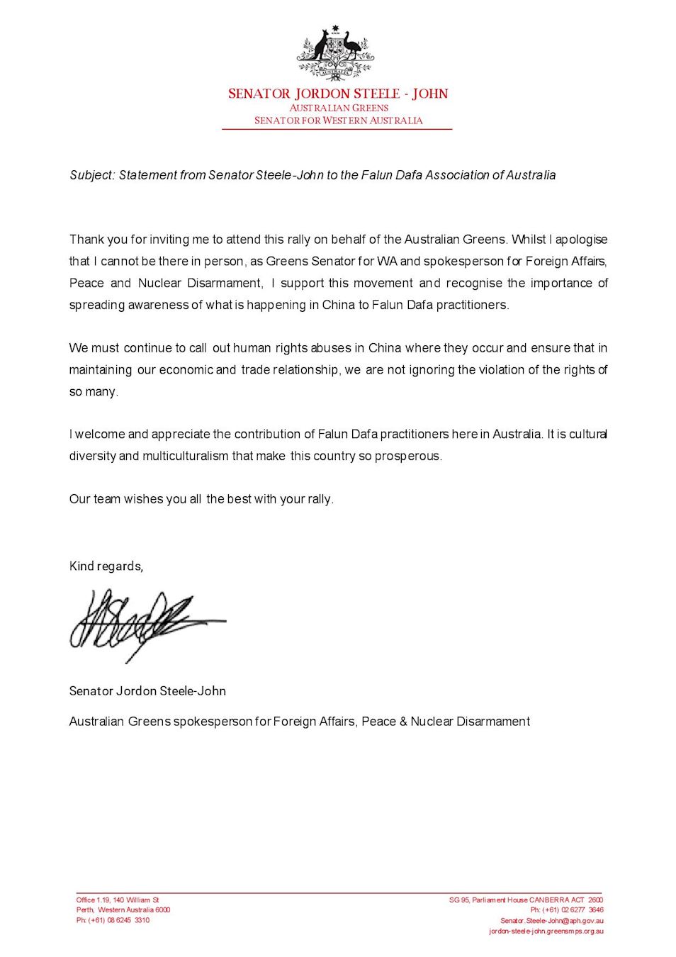 '圖2：西澳綠黨參議員喬丹﹒斯蒂爾-約翰（Jordon Steele-John）的支持信函'