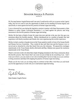 圖2：德州參議員安吉拉﹒帕克斯頓信函