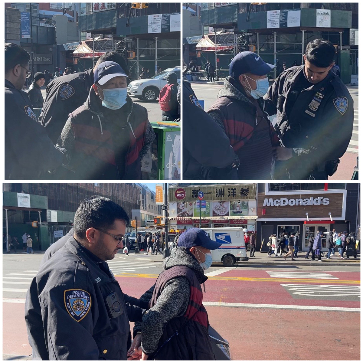 圖1：二零二三年二月十八日上午十一點左右，警察逮捕攻擊法輪功學員的齊中平（Qi， Zhongping ，音譯），將其戴上手銬，押上警車。（法輪功學員提供）