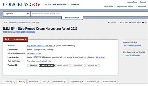 '圖2：二零二三年三月二十七日，美國聯邦眾議院以413票對2票通過了《2023年停止活摘器官法案》（亦稱：H.R.1154號法案）。（美國國會網絡解圖）'