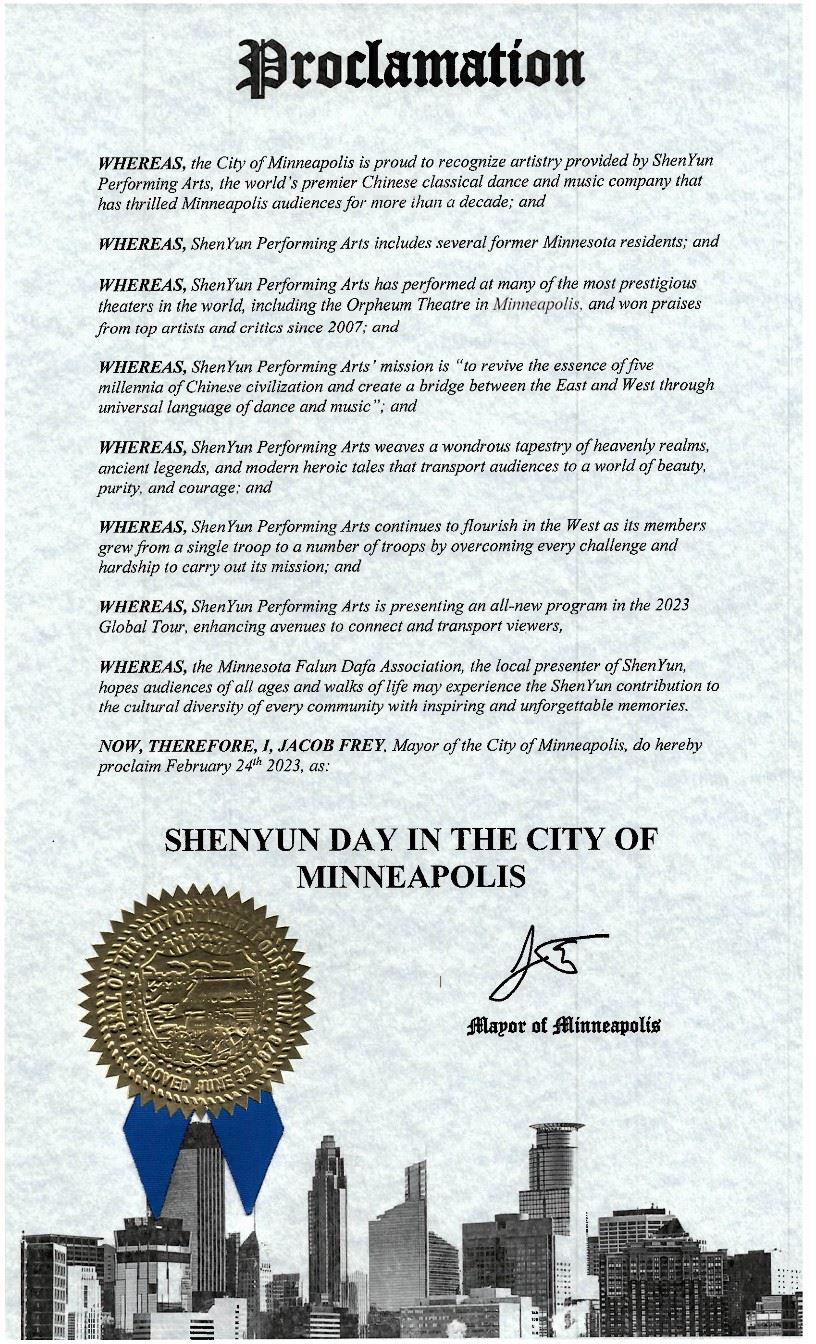 '圖17：明尼阿波利斯市長弗雷（Jacob Frey）為神韻演出發來褒獎，宣布二零二三年二月二十四日是該市的「神韻日」（SHENYUN Day）。'