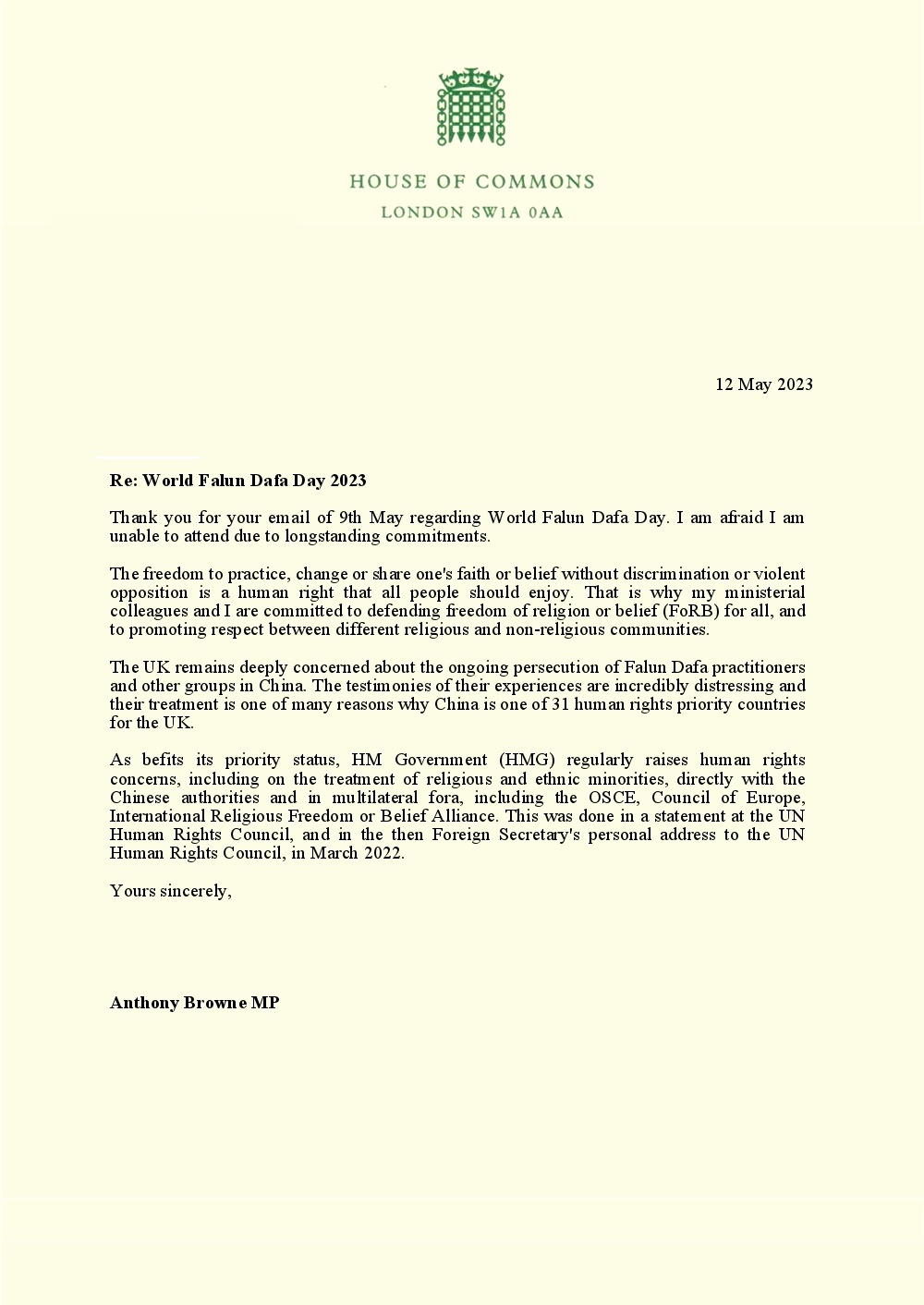 圖3～4：安東尼﹒布朗議員（Anthony Browne MP）及來信原件
