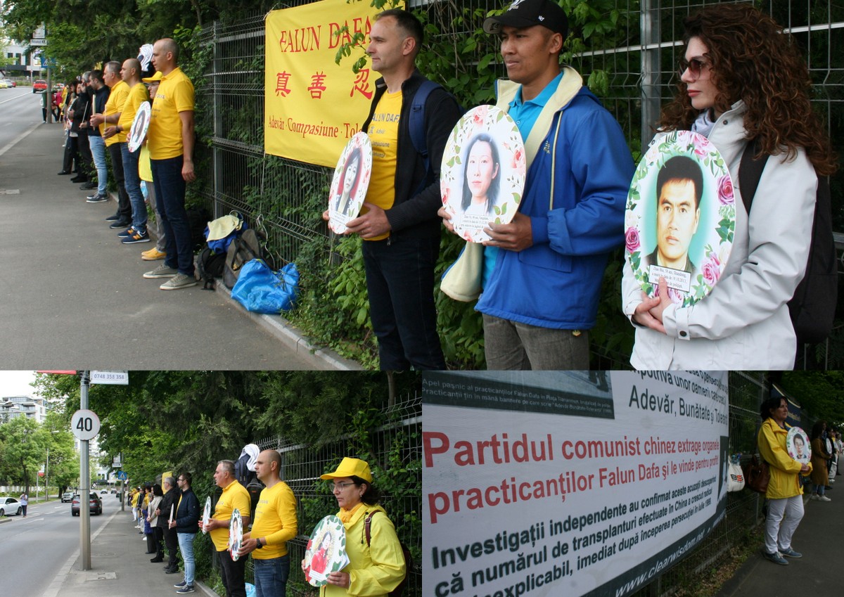 圖2～6：二零二三年五月十三日世界法輪大法日，法輪功學員在中共駐布加勒斯特大使館前和平抗議。