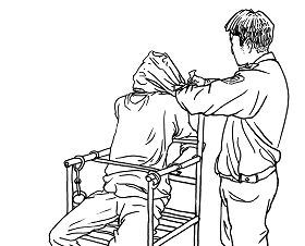 '中共酷刑示意圖：戴黑頭套、被銬鐵椅子'