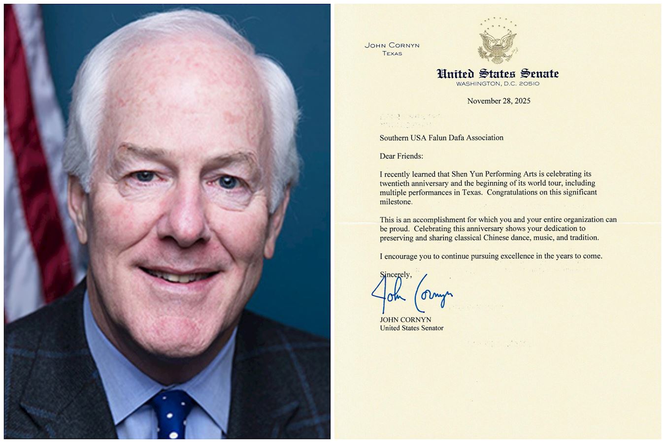 '圖1:二零二五年十一月二十八日,德州聯邦參議員約翰‧科寧致信美南法輪大法佛學會'